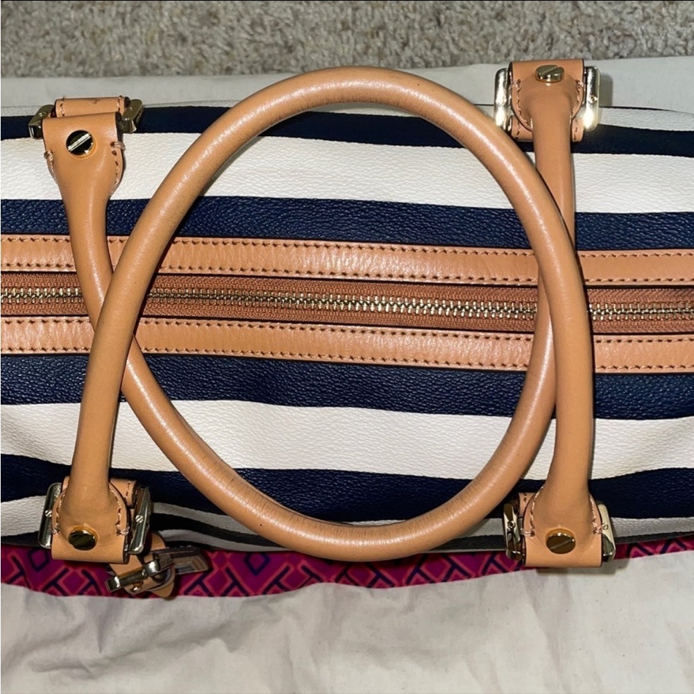 Tory Burch Navy and White Striped Satchel with Tan Trim - Picture 11 of 13